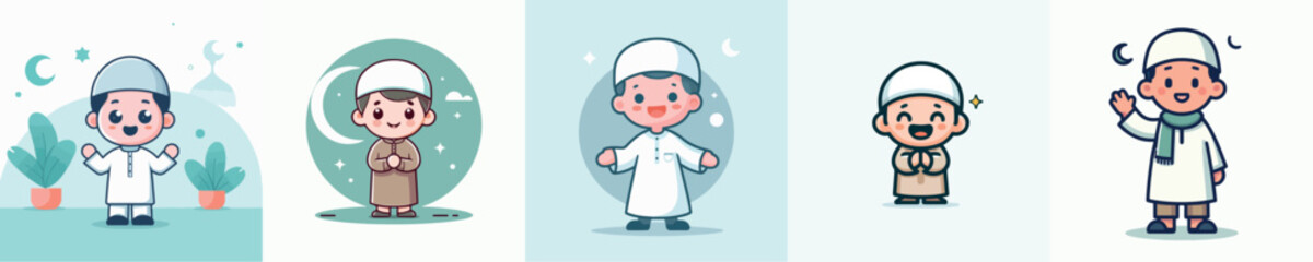 Set of Cheerful Muslim Male Vector Character Images
