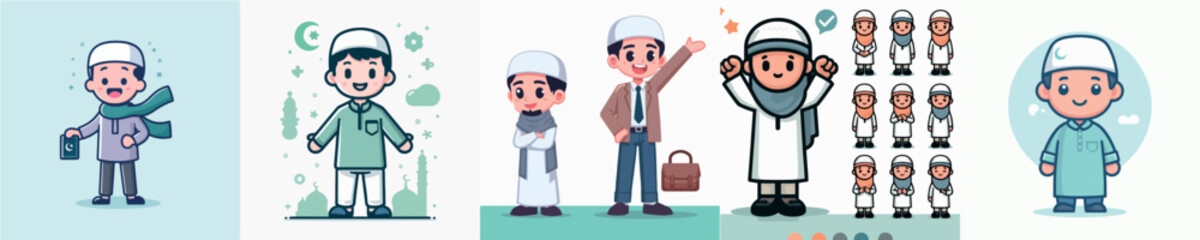 Set of Cheerful Muslim Male Vector Character Images