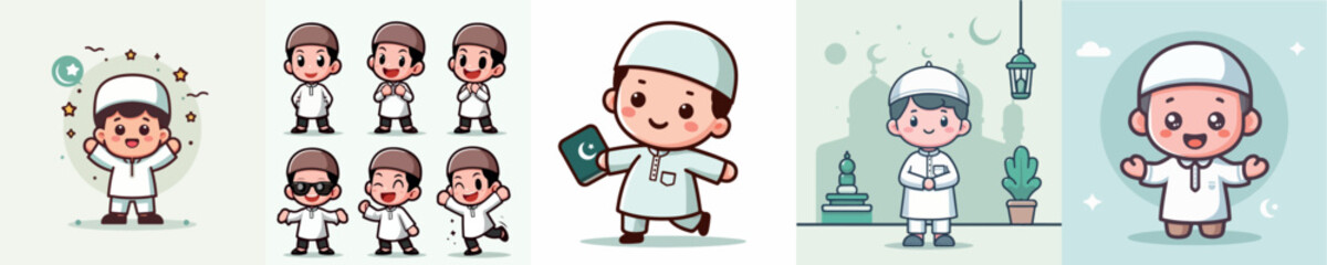 Set of Cheerful Muslim Male Vector Character Images