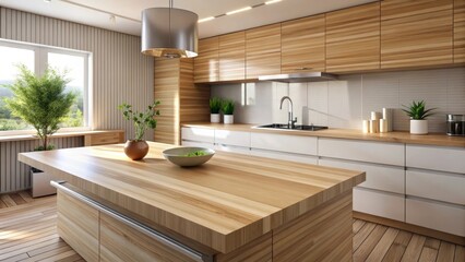 Bright, airy kitchen design featuring a large wooden island and sleek white cabinetry