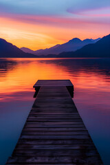 Tranquil Sunset Over Serene Lake with Silhouetted Mountains and Wooden Pier