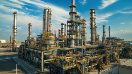 Fototapeta premium Smart Industry 4.0 system on a digital tablet, technician monitoring refinery equipment with industrial background