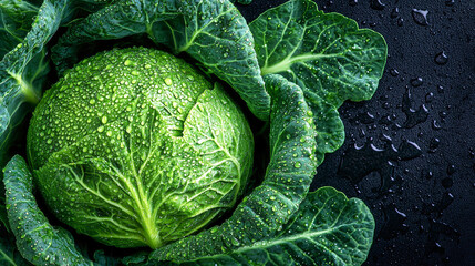 Fototapeta premium Freshly harvested cabbage glistens with water droplets on a dark background, perfect for organic designs