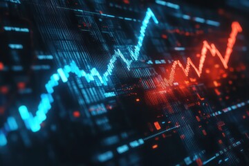 A digital trading chart with a 3D blue arrow rising and a 3D red arrow falling, representing a fluctuating economy.
