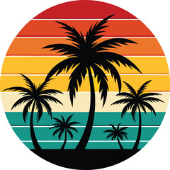 Retro Sunset Beach Palm Trees Silhouettes, Summer Vector