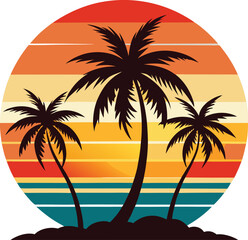 Retro Sunset Beach Palm Trees Silhouettes, Summer Vector