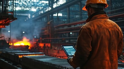 Fototapeta premium Steel mill employee reviewing efficiency metrics on a rugged tablet while monitoring an industrial conveyor system