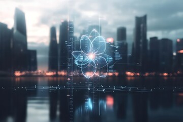 A digital trading interface floating in front of a city skyline, displaying real-time economic and market data with a blurred background.