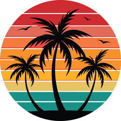 Retro Sunset Beach Palm Trees Silhouettes, Summer Vector