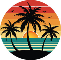 Retro Sunset Beach Palm Trees Silhouettes, Summer Vector