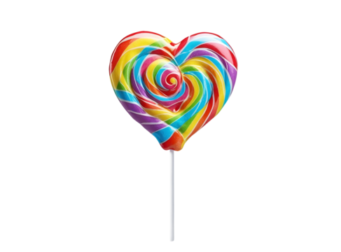 Realistic vibrant heart-shaped rainbow lollipop with bright multicolor stripes, 3d render of glossy sweet candy isolated on transparent background with copy space.