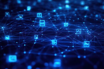 Obraz premium A digital transformation concept with blue network symbols glowing.