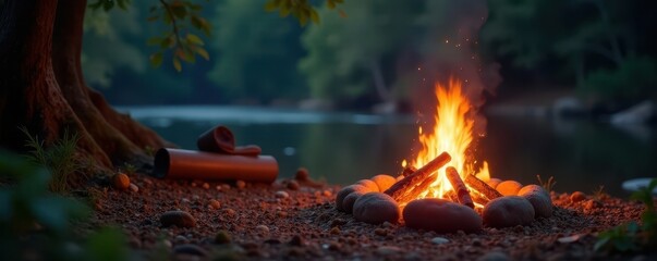 Campfire's warm light illuminates riverbank seating, bright, illuminated, atmosphere