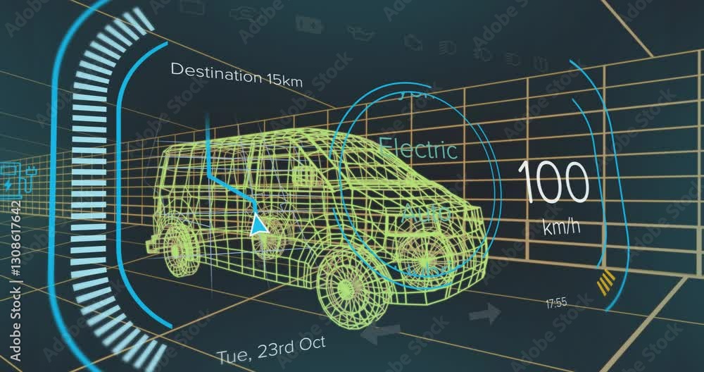 Poster animation of futuristic car dashboard with electric vehicle data in school setting