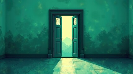 Obraz premium Teal and dark green layered imagery highlights climate action, using open doors and passports as metaphors. Texture overlays and visual hierarchy create complexity and engagement.
