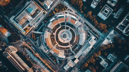 Aerial View of a Modern Cityscape: A Circular Architectural Marvel