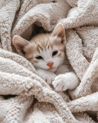 Naklejka premium Coziness Unleashed: A sleepy kitten snuggled in a soft, fluffy blanket, capturing the heartwarming essence of comfort and serenity.