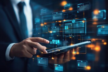 A digital workflow visualization where a businessman is using a cloud-based document management system for business automation.