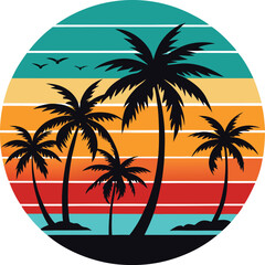Retro Sunset Beach Palm Trees Silhouettes, Summer Vector