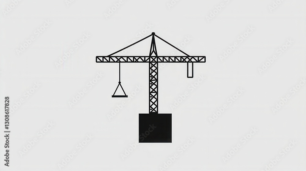 Poster Modern minimalist construction logo featuring a tower crane lifting a block in simple line art on a monochrome background