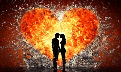 This silhouette image of a couple with a fiery heart in the background is a striking representation of passion, romance, and deep connection