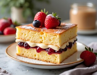 Appetizing Creamy Cake with Special Filling
fluffy cake layer with creamy filling, fruit jam and fresh elements as dessert, extraordinary taste experience