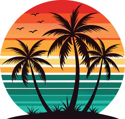 Retro Sunset Beach Palm Trees Silhouettes, Summer Vector