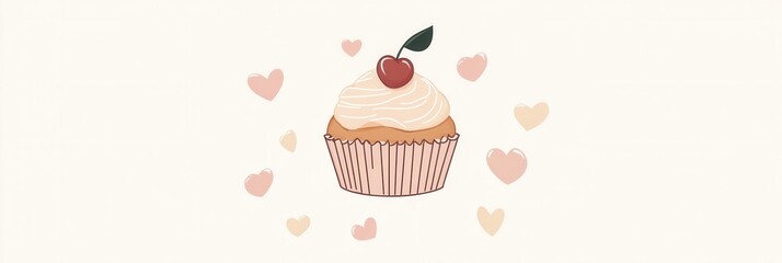 Elegant minimalist cupcake logo featuring a cherry on top in warm pastel colors for inviting bakery branding
