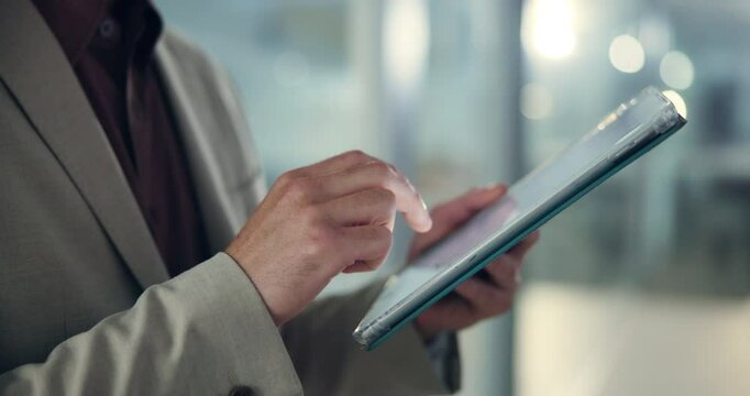 Businessman, hands and browsing with tablet for social media, communication or online network at office. Male person, data analyst or scrolling on technology in sequence for corporate analysis or app