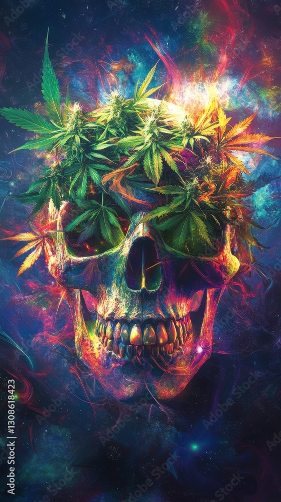 Poster colorful and surreal skull adorned with marijuana leaves, set against a cosmic background with vivid