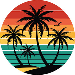 Retro Sunset Beach Palm Trees Silhouettes, Summer Vector