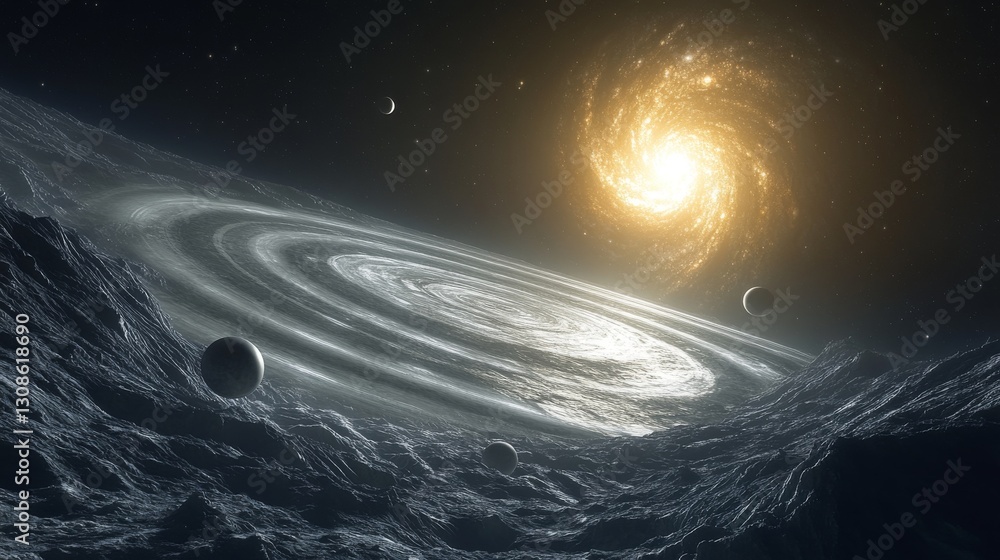 Poster a mesmerizing digital rendering of a galaxy with a swirling star formation at the center, surrounded