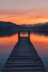 Tranquil Sunset Over Serene Lake with Silhouetted Mountains and Wooden Pier