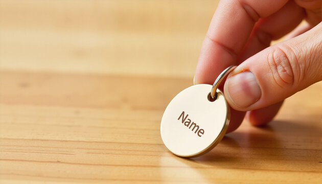 Hand holding a metal name tag on a wooden surface for blogs, websites, identification design, educational materials, personal branding, and professional presentations