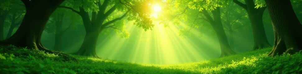 Obraz premium Emerald canopy awash in warm sunlight, creating ethereal glow, rays, canopy, glow