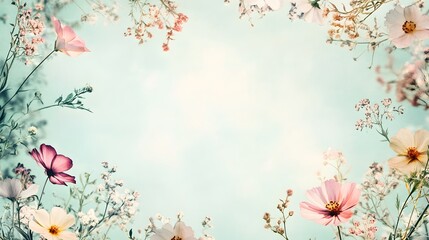 Delicate flowers and greenery frame a soft blue and white background
