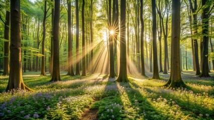 Obraz premium Sunbeams Illuminate a Serene Woodland Path, Bathing the Vibrant Spring Wildflowers in Golden Light