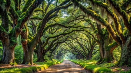 Fototapeta premium Serene Pathway Through Ancient Moss-Draped Trees, A Sun-Dappled Driveway Under a Canopy of Lush, Verdant Foliage