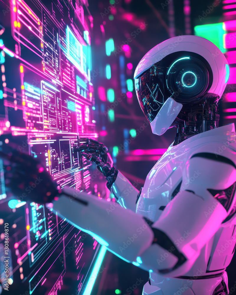 Poster cybernetic interaction: a sleek, futuristic robot interacts with a glowing, high-tech interface, hig