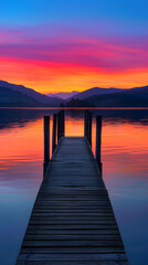 Obraz premium Tranquil Sunset Over Serene Lake with Silhouetted Mountains and Wooden Pier