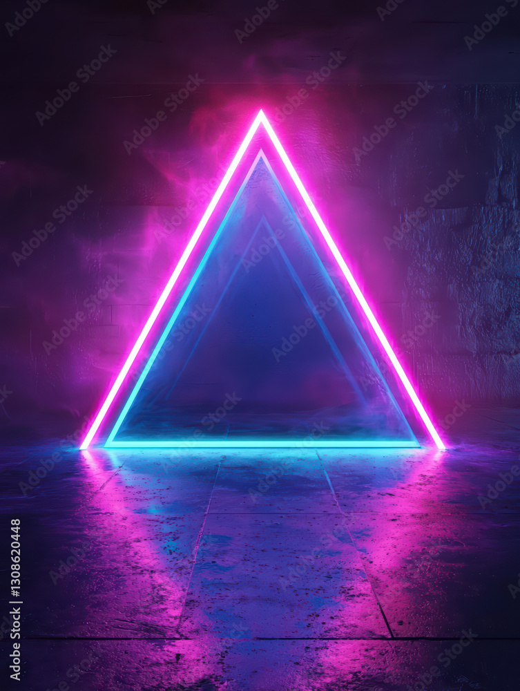 Poster neon triangle: a vibrant, neon-lit triangle casts a mesmerizing glow upon a textured concrete surfac