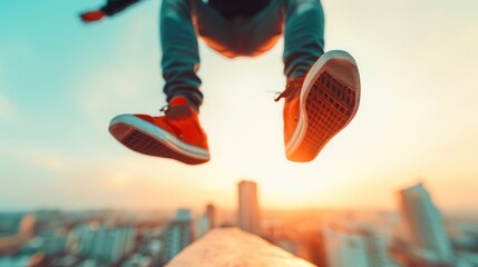 person in red sneakers jumps over cityscape at sunset, capturing sense of freedom and adventure. blurred background highlights urban environment and vibrant sky