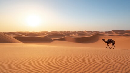 A lone camel walks across a vast, undulating desert landscape under a bright sun.