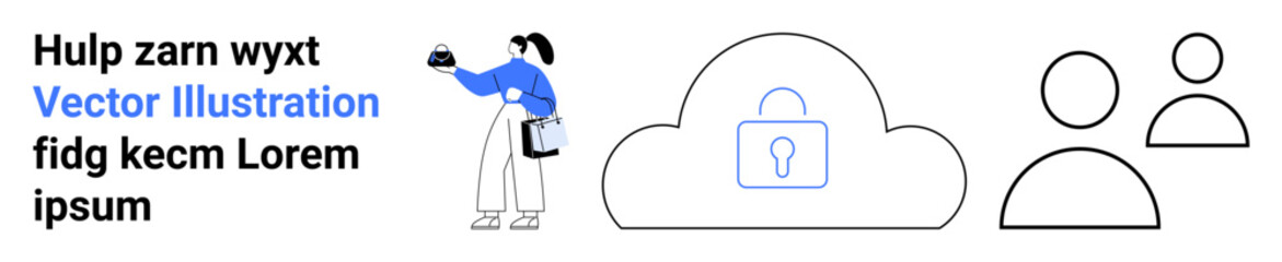 Person interacting with cloud storage, key lock for security, basic outline of team. Ideal for data security, teamwork, cloud services, collaboration, privacy, technology flat landing page banner