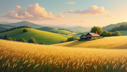 Obraz premium Serene countryside landscape with golden wheat fields at sunset, tranquility