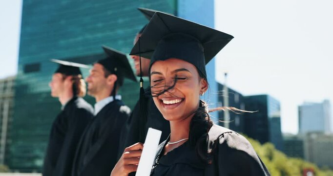 City, education and graduation with face of girl student outdoor for college or university ceremony. Buildings, certificate and qualification with happy graduate downtown for scholarship success