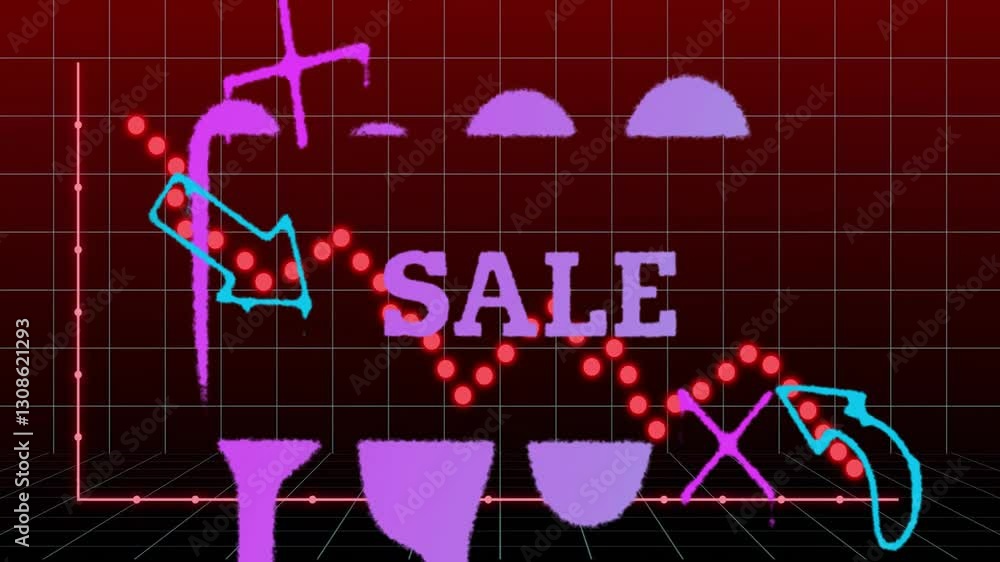 Poster neon graphics glowing on grid background in retro-style sale animation