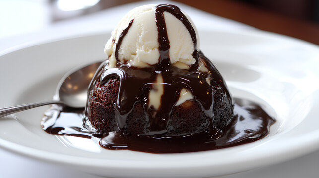 A small, round chocolate lava cake with vanilla ice cream on top, drizzled in fudge sauce and melting into the center of its white plate. A spoon is sitting next to the food