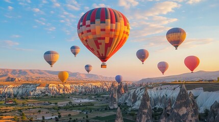 Fototapeta premium Colorful hot air balloons soar over scenic landscape at sunrise.