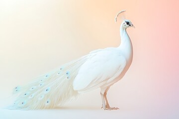Elegant white peacock with iridescent tail feathers against a soft, pastel background.